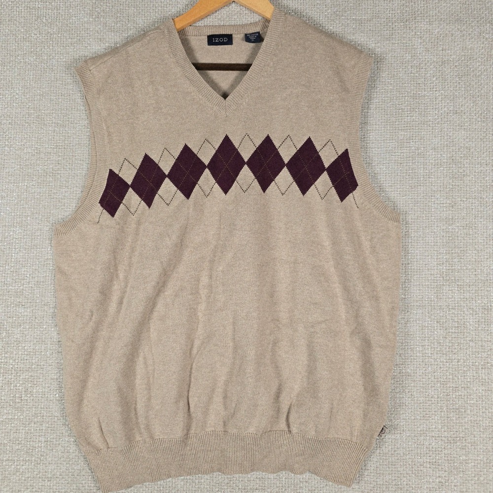IZOD Mens XL Tan Argyle V-Neck 100% Cotton Sweater Vest Beige Burgundy